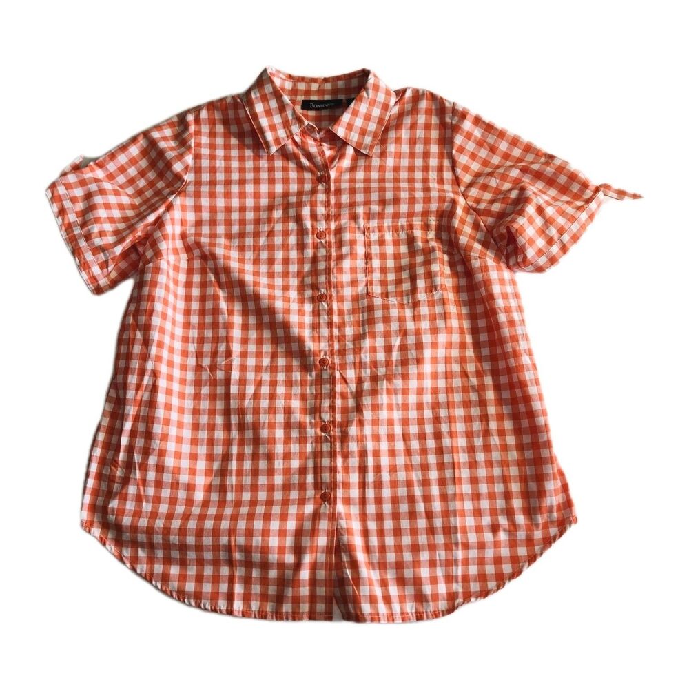 Roaman's Gingham Plaid Orange White Checker Button Short Sleeve Top Women SZ 12W